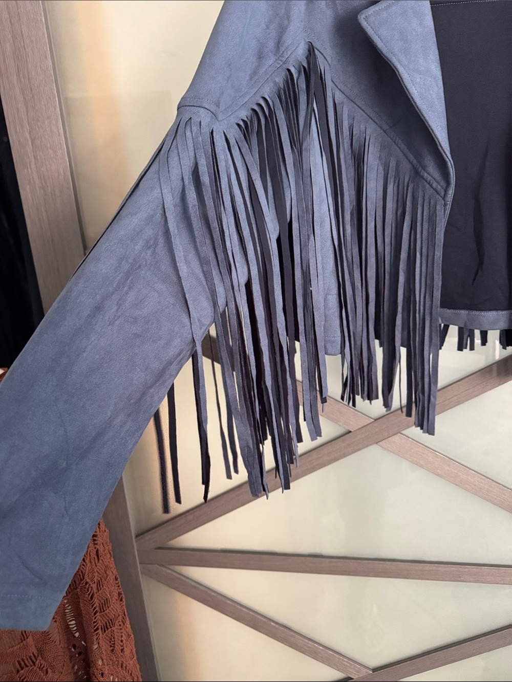 PRETTYGARDEN Navy Blue FAUX Suede Fringe Western Jacket Size Large NWT - Picture 5 of 11